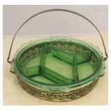 Green Glass Divided Liner w/ Silver Plated Carrier