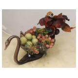 Art Glass Swan w/ Faux Flowers