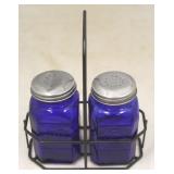 Blue Glass Salt & Pepper Shaker w/ Metal Holder