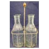 Metal Carrier w/ 2 Glass Milk Bottles
