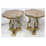 Pair French painted marble top scalloped tables