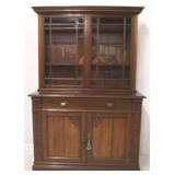 English two part carved bookcase with key