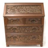 Heavily carved Oriental slant front secretary