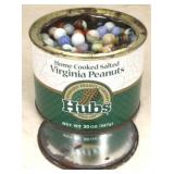 Metal Peanut tin filled with glass marbles
