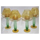 Set of 4 Amber & Green Glass Candle Holders