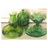 Assorted green mid century glassware