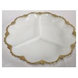 Milk glass divided dish with gold trim