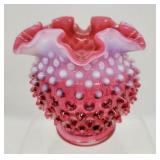 Fenton opalescent cranberry hobnail vase