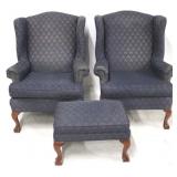 Chippendale wingback chairs & ottoman