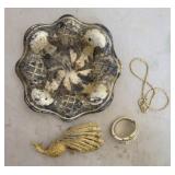 Sterling Silver Dish w/ costume Jewelry