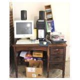 Wood Desk w/ assorted vintage computer items