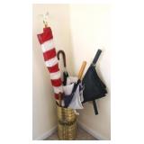 Brass umbrella bucket w/ assorted items