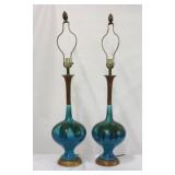 Pair mid-century blue drop wood & pottery lamps