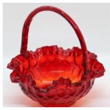 Ruby glass basket, cracked handle