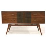 Inlaid mid-century credenza on tall slant leg
