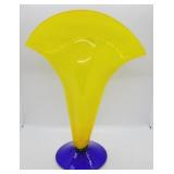 Gorgeous Blenko yellow & blue fan vase
