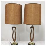 Pair mid-century wood & metal table lamps
