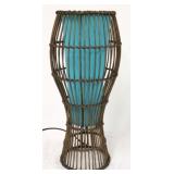Vintage wicker lantern lamp with blue shade