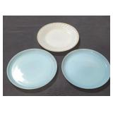 2 Delphite & milk glass Fire King plates
