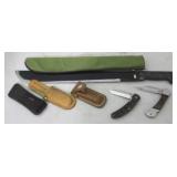 Machete w/ Assorted Sheaths & 3 pocket knives