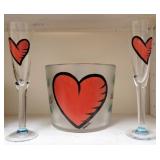 Ice bucket & 2 champagne flutes w/ painted hearts