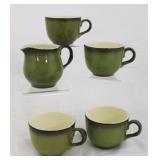 4 Vintage Green Cups & Creamer