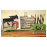 Lot of assorted tools & storage bin w/ drawers
