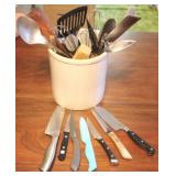 Kitchen Utensils with crock & assorted knives