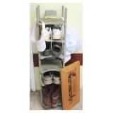 Shoe rack w/ shoes & wooden sign
