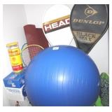 Yoga mat, tennis rackets, exercise ball  & more