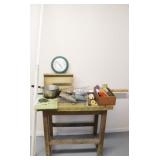 Table lot of assorted items & table