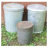 Lot of 2 metal trash cans & metal tin