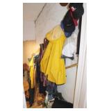 Lot Assorted Items Hanging on Right Side of Stairs