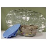 Set of Small mixing bowls w/ lids & glass tray