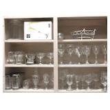 3 Shelves of assorted glassware & more