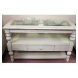 Distressed glass top server w/ assorted glass item