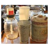 Churn, gas can, galvanized bucket