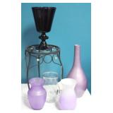 Group lot of vases w/ small metal plant stand