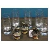 3 Horse cork stoppers & 5 shot glasses