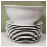 12 White Threshold Plates & Large Bowl