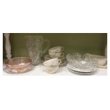 Shelf lot of assorted glassware, cups w/ saucers,