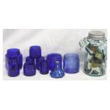 Lot of Blue Glass Jars & Mason Jar of Knick