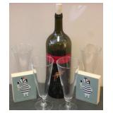 Wine bottle, 4 stems & 2 signs