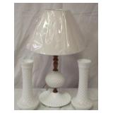 Milk glass lamp w/ pair of milk glass vases