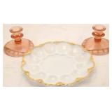 Milk glass deviled egg plate, pink candles
