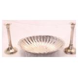 Silver plate bowl & candlesticks