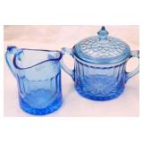 US Glass blue Aunt Polly creamer & covered sugar