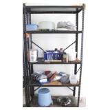 Metal shelf w/ assorted items
