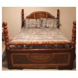 Vintage full size inlaid bed with bedding