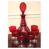 7 Pc ruby red decanter set with stems